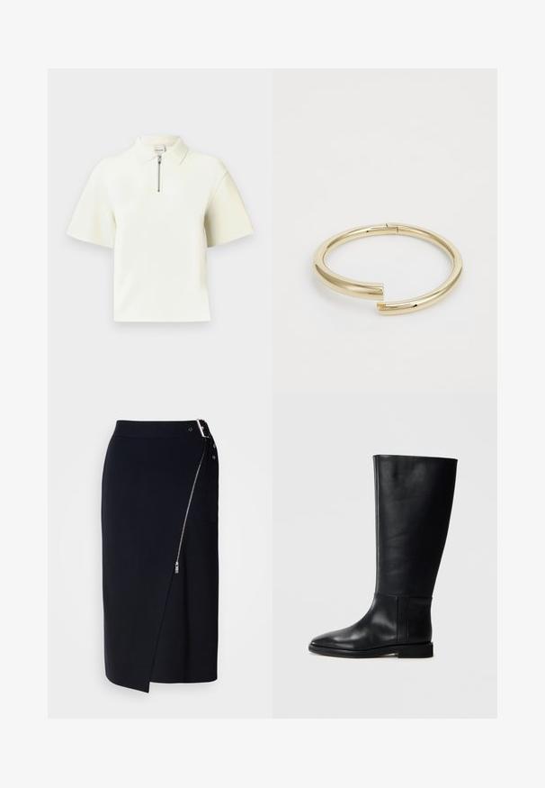 Kortærmet polo i hvid med lynlåslukning ved kraven, glat stof, moderne snit og afslappet pasform. Enkel og ren design.; Mørkeblå blyantskirt lavet af strækbart stof, med en sidelukning med lynlås, en asymmetrisk kant og en elegant silhuet.; Sorte læderknæhigh støvler med rund tå, glat tekstur, minimalistisk design og flad sål. Enkle sømdetaljer på skaftet.; Calvin Klein SPIRAL - Armbånd - gold-coloured