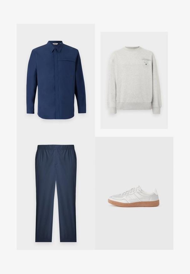 Sudadera gris claro de cuello redondo con mangas largas y pequeño logotipo "ellesse Italia" en la parte superior izquierda del pecho.; Camisa de manga larga de color navy con cuello abotonado, un bolsillo en el pecho y una textura limpia y suave. Presenta un pequeño logotipo en el bolsillo.; Pantalones de pierna recta con cintura elástica en azul marino, confeccionados en una tela sutilmente texturizada y diseño de frente plano.; Zapatillas plateadas con una textura suave, diseño de cordones, acentos perforados y una suela de goma marrón texturizada.