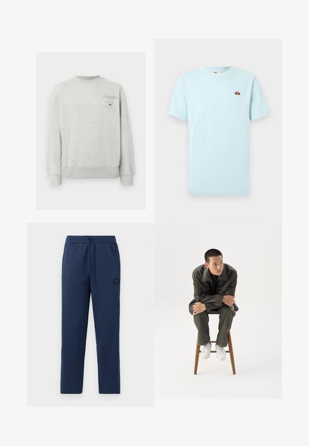 Helehall hele ümar kaelusega dressipluus pikkade varrukatega ja väike „ellesse Italia“ logo ülemisel vasakul rinnal.; Hele sinine kaelusega lühikeste varrukatega T-särk, mille vasakul rinnal on väike punase ja oranži poolkuu kujuline logo.; Tumed sinised spordipüksid, valmistatud pehmest puuvillasegust, millel on elastne vöökoht koos nööriga ja väike brändipatch puusal.; Noor mees tumedas nahktakšis ja teksades istub puidust pingil, kaldub ette, käed rüpes, vaatab valgel taustal küljele.