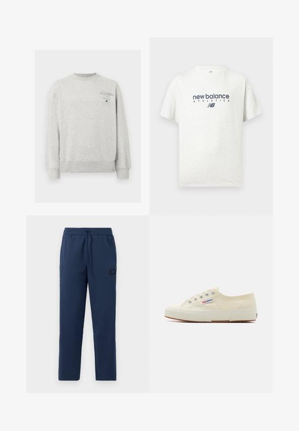 Hellgraues Sweatshirt mit Rundhalsausschnitt, langen Ärmeln und kleinem "ellesse Italia"-Logo auf der oberen linken Brust.; Weißes T-Shirt mit kurzen Ärmeln und Rundhalsausschnitt, vorne in der Mitte mit "new balance ATHLETICS" und dem "NB"-Logo in Dunkelblau bedruckt.; Navyblaue Jogginghosen aus einem weichen Baumwollmix, mit einem elastischen Bund und Kordelzug sowie einem kleinen Markenpatch an der Hüfte.; Beige Leinen-Sneaker mit niedrigem Profil, Metallösen und Gummisohle. Mit einem strukturierten Muster und einem Logodetail an der Seite.