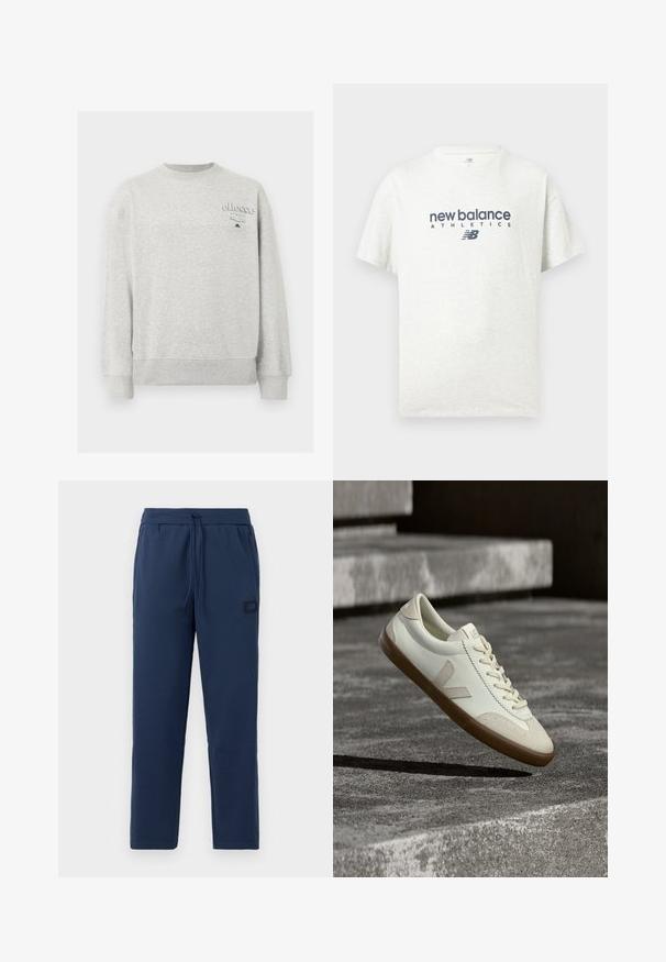 Svetlosivá mikina s okrúhlym výstrihom, dlhými rukávmi a malým logom „ellesse Italia“ na ľavej hornej časti hrudníka.; Biele krátke rukávy, tričko s okrúhlym výstrihom, na prednej strednej časti tmavomodro potlačený nápis "new balance ATHLETICS" a logo "NB".; Námornícke modré teplákové nohavice vyrobené z mäkkej zmesi bavlny, s elastickým pásom na šnúrku a malou značkovou nášivkou na bedrách.; Biele kožené tenisky s hnedou gumovou podrážkou, rovnými šnúrkami a V-tvarovaným prvkom na boku. Majú hladký povrch a minimalistické švíky.