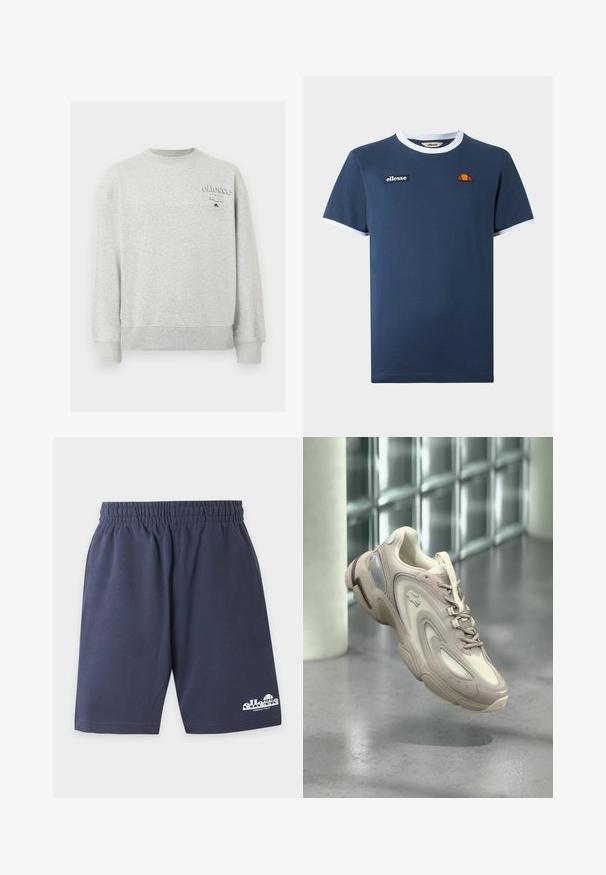 Sweat-shirt gris clair à col ras du cou avec manches longues et petit logo "ellesse Italia" sur le côté gauche de la poitrine.; T-shirt bleu marine à manches courtes avec bord blanc au col et aux manches, avec un écusson du logo ellesse et un petit emblème orange-rouge sur la poitrine.; Shorts décontractés bleu marine avec taille élastique et logo Ellesse blanc en bas à gauche de la jambe.; Baskets beige clair dotées d'un design élégant avec des superpositions texturées, une semelle rembourrée et une section translucide sur le côté.
