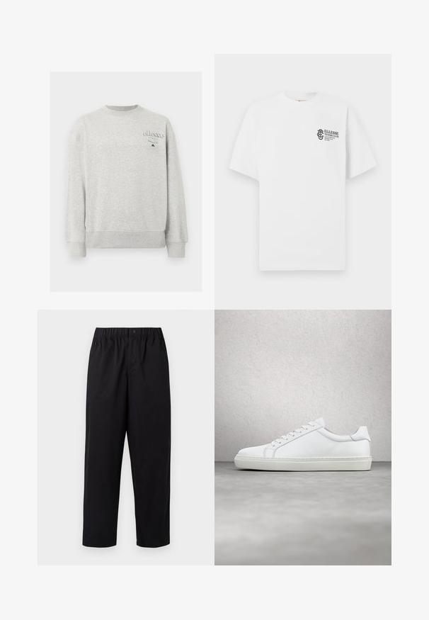 Hellgraues Sweatshirt mit Rundhalsausschnitt, langen Ärmeln und kleinem "ellesse Italia"-Logo auf der oberen linken Brust.; Weißes T-Shirt mit kurzen Ärmeln und Rundhalsausschnitt, mit kleinem schwarzem Ellesse Tennis Club Logo und Schriftzug auf der linken Brust.; Schwarze, weit geschnittene Hose mit einem elastischen Bund und einem einzelnen Knopf. Aus einem glatten, leichten Stoff gefertigt. Gerader Saum.; Weißer Sneaker mit glattem Lederobermaterial und niedrigem Profil. Verfügt über eine runde Zehenpartie, sechs Ösen und eine strukturierte Gummisohle.