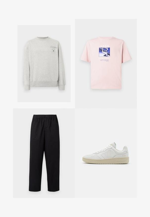 Sudadera gris claro de cuello redondo con mangas largas y pequeño logotipo "ellesse Italia" en la parte superior izquierda del pecho.; Camiseta rosa claro con un gráfico azul y blanco de un árbol nevado y grúas, texto "HOKUSAI" y detalles del artista debajo.; Pantalones negros de pierna ancha con cintura elástica y un solo botón. Fabricados con una tela suave y ligera. Dobladillo recto.; Zapatillas blancas de cuero con un acabado texturizado y cuello acolchado. Cuentan con una suela de goma beige y un sutil logotipo en el talón y el lado.