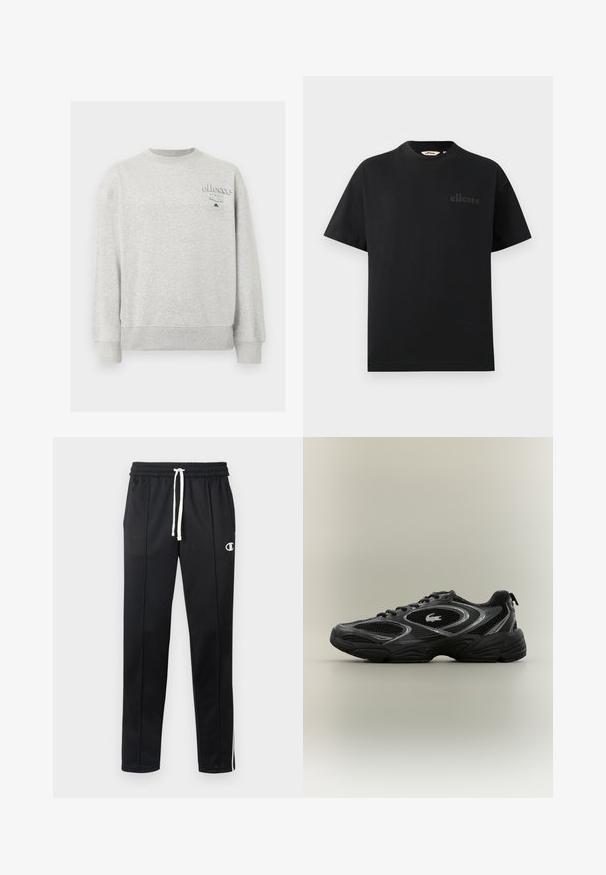 Lysegrå crewneck-sweatshirt med lange ærmer og lille "ellesse Italia" logo på øverste venstre bryst.; Sort t-shirt lavet af bomuld med en standard rund halsudskæring og korte ærmer. Har et diskret præget logo på brystet.; Sorte atletiske bukser med hvid snor, sidelister, frontlommer og et lille hvidt Champion-logo på venstre lår.; Sort og grå atletisk sneaker med mesh-paneler, snørebåndsdesign, tyk sål og et lille krokodillelogo på siden.