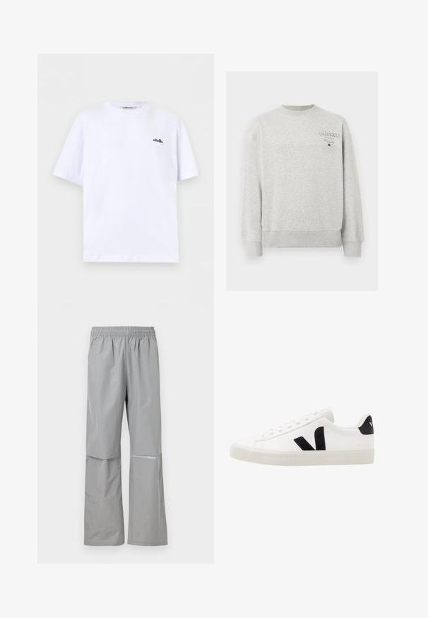 Sweat-shirt gris clair à col ras du cou avec manches longues et petit logo "ellesse Italia" sur le côté gauche de la poitrine.; T-shirt blanc à manches courtes avec col rond, petit logo ellesse noir sur le côté gauche de la poitrine, sur un fond uni.; Pantalon de pluie imperméable gris clair avec taille élastique et bande réfléchissante sur la jambe droite, conçu pour une utilisation en extérieur.; Sneaker blanche en cuir avec des accents en daim noir ; dispose d'une semelle en caoutchouc, d'un bout rond et d'un design classique à lacets. Logo latéral en noir.