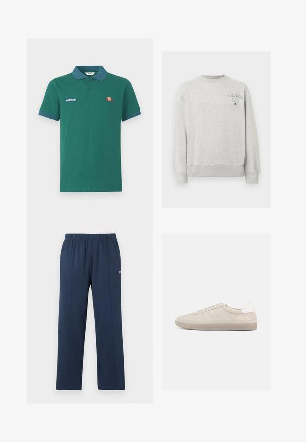 Sudadera gris claro de cuello redondo con mangas largas y pequeño logotipo "ellesse Italia" en la parte superior izquierda del pecho.; Polo verde de algodón con cuello y puños en azul contrastante. Presenta un logo bordado y un pequeño diseño colorido en el pecho.; Pantalones deportivos azul marino de corte recto con cintura elástica y costuras verticales sutiles, pequeño logo blanco en el muslo superior.; Zapatilla beige de ante con parte superior texturizada, contrafuerte de talón blanco liso, cordones finos y suela de goma. Presenta un diseño de perfil bajo.