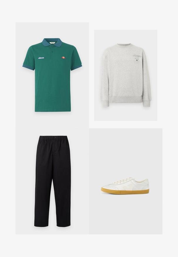 Helehall hele ümar kaelusega dressipluus pikkade varrukatega ja väike „ellesse Italia“ logo ülemisel vasakul rinnal.; Roheline polo särk, mis on valmistatud puuvillast, kontrastse sinise krae ja mansettidega. Omab broderitud logosid ja väikest värvilist kujundust rinnal.; Must mustad, laiad püksid elastse vöökoht ja ühe nööbiga. Valmistatud siledast, kergekaalulisest kangast. Sirge äär.; Valge nahast tennisejalanõu siidise tekstuuriga, millel on beež 'V' logo, ümara ninaga, paelaga kinnitatav ja kummeeritud tald.