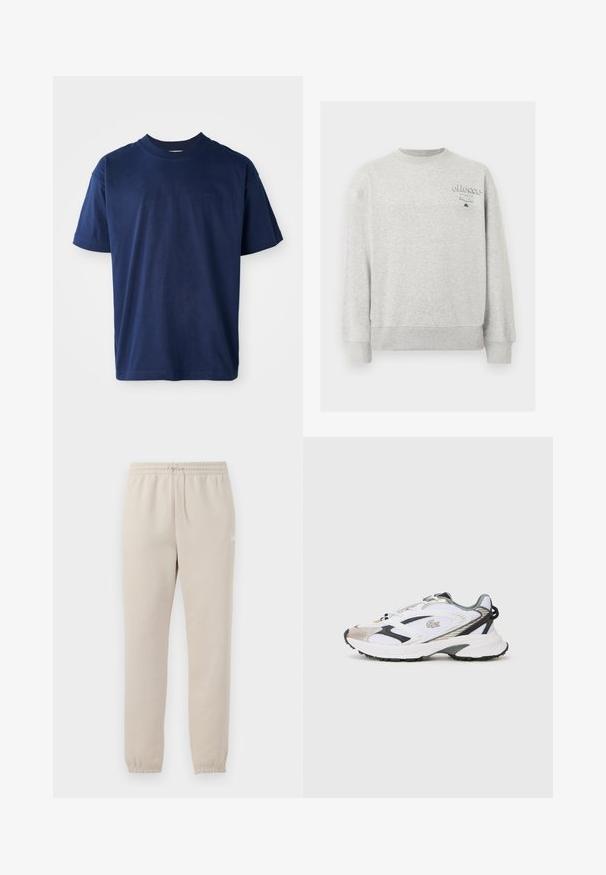 Lysegrå crewneck-sweatshirt med lange ærmer og lille "ellesse Italia" logo på øverste venstre bryst.; Marineblå bomulds T-shirt med rund hals, korte ærmer og et diskret præglogo på brystet. Enkel flad design, blød tekstur.; Lys beige sweatpants lavet af blødt stof med elastisk talje, justerbar snor og tætsiddende manchetter ved anklerne.; Hvide sportsko med sølv- og sorte detaljer, mesh-overdel, struktureret sål og et strømlinet design med et logo på siden.