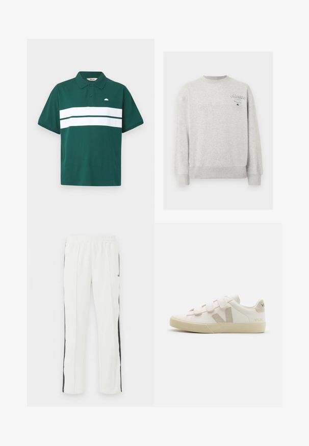 Sudadera gris claro de cuello redondo con mangas largas y pequeño logotipo "ellesse Italia" en la parte superior izquierda del pecho.; Camisa polo verde de algodón con una franja horizontal blanca en el pecho. Presenta un cuello clásico y un pequeño logo en el lado izquierdo.; Pantalones deportivos blancos con una cinturilla elástica, con rayas laterales negras, diseño de pierna recta y textura de tela suave.; Zapatillas de cuero blancas con correas de Velcro, acentos beige, punta redondeada, suela de goma texturizada y logo en relieve. Diseño minimalista.