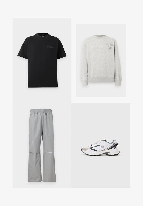 Vaaleanharmaa pitkähihainen collegepaita, jossa on pyöreä pääntie ja pieni "ellesse Italia" -logo vasemman rinnan yläosassa.; Musta puuvillainen t-paita, jossa on vakiomallinen pyöreä pääntie ja lyhyet hihat. Rintakehässä on hillitty prässätty logo.; Vaaleanharmaat vedenpitävät sadetakit, joissa on joustava vyötärönauha ja heijastinraita oikeassa lahkeessa, suunniteltu ulkokäyttöön.; Valkoinen urheilushoe, jossa on hopea- ja mustat yksityiskohdat, verkkokangasta yläosassa, teksturoitu pohja ja virtaviivainen muotoilu, jossa on logo sivussa.