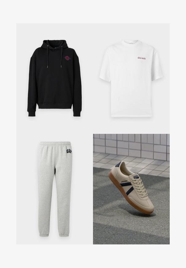 Denim Project DPMDPJOHAN HOODIE - Mikina s kapucňou - black; Biele tričko s krátkym rukávom a okrúhlym výstrihom s malým červeným nápisom „Royal Palace“ na ľavej strane hrudníka.; Šedé tepláky s elastickým pásom, manžetami na členkoch a námorníckou modrou logom "GAP" na ľavom hornom stehne. Mäkko, z bavlnenej zmesi.; Béžové tenisky s textúrovaným povrchom, námorníckymi pruhmi a gumovou podrážkou. Obsahujú polstrovaný jazyk a tradičný šnurovací systém pre bezpečné prispôsobenie.