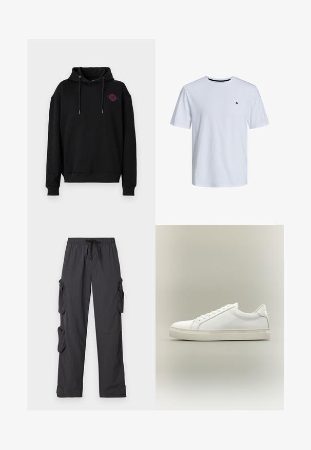 Denim Project DPMDPJOHAN HOODIE - Hoodie - black; Witte katoenen T-shirt met korte mouwen, ronde halslijn en een klein zwart accentlogo op de linkerborst.; Zwarte cargo broek gemaakt van lichtgewicht stof met een elastische tailleband, verstelbare trekkoord, meerdere zijzakken en omgeslagen broekspijpen.; Witte lage sneaker met veters aan de voorkant en dikke zool, zijaanzicht tegen een neutrale achtergrond.