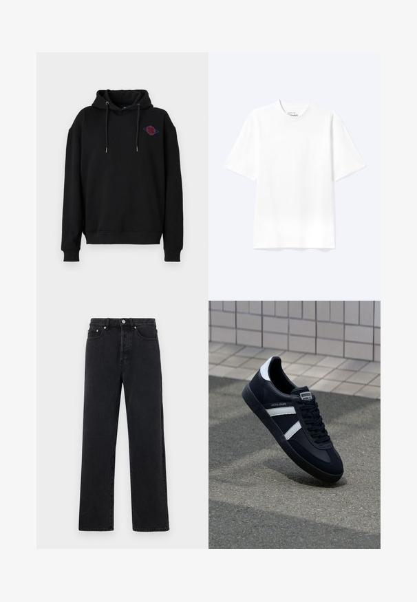 Denim Project DPMDPJOHAN HOODIE - Kapuzenpullover - black; Schlichtes weißes T-Shirt mit kurzen Ärmeln und Rundhalsausschnitt in entspannter Passform, auf hellem Hintergrund dargestellt.; Schwarze Jeans mit geradem Bein und hohem Bund, fünf Taschen und Metallknopfverschluss. Der Stoff hat eine glatte Textur und einen leichten Glanz.; Schwarze Leder-Sneaker mit weißen Streifen, strukturiertem Gummisohle und Schnürung. Verfügt über ein Markenetikett auf der Zunge.