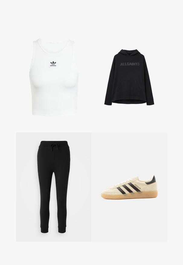 Mustise kapuutsiga sviiter, esimeses taskus, vabalt langev, suur kapuuts ja "ALLSAINTS" logo, mis on metallist studide tekstiga rinna kohal.; Valge puuvillane tank top, millel on vormiv ribatud tekstuur, ümmargune kaelus ja ees must õmmeldud Adidas logo.; Even&Odd Petite Dresside alumine osa - black; Kreemjas seemisnahast toss mustade triipude, kummist tallaga, musta kannatabiga ja kuldse sõnaga „SPEZIAL“ küljel.