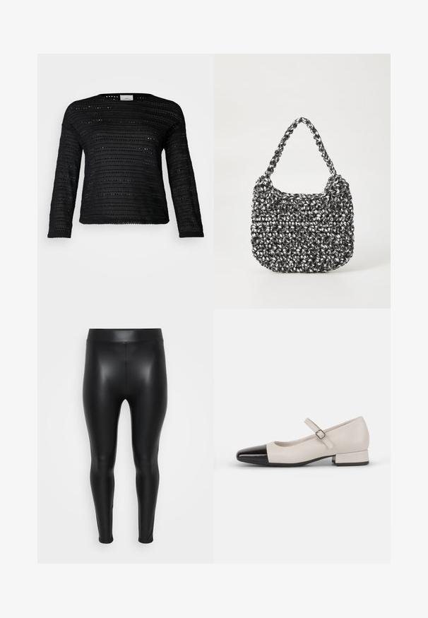 Pull noir à manches longues avec un motif texturé, des rayures horizontales et des découpes, un col rond et une coupe ample.; Leggings noirs en matériau lisse et brillant. Taille haute, design ajusté, sans coutures ni motifs visibles.; Chaussure de style Mary Jane en cuir crème avec un bout en vernis noir. Présente un bout rond, une sangle de cheville avec une boucle carrée et un petit talon carré.; Sac en osier noir et blanc de forme arrondie, avec une surface texturée et une poignée tressée. Convient à un usage décontracté.