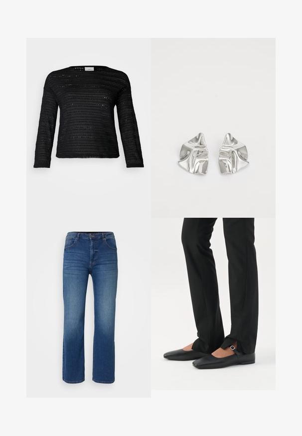 Suéter negro de manga larga con un patrón texturizado, franjas horizontales y detalles con cortes, cuello redondo y corte holgado.; Jeans de mezclilla azul oscuro con un diseño de pierna recta, estilo de cinco bolsillos y cierre de botón y cremallera. Textura suave con un desvanecimiento mínimo.; Piernas con pantalones ajustados negros con aberturas frontales en el dobladillo, combinados con zapatos planos Mary Jane negros con una pequeña correa con hebilla.; Pendientes de metal plateado con un diseño ondulado y escultórico, que presentan un acabado pulido y formas irregulares, destacando una estética contemporánea.