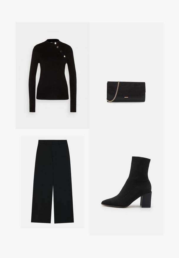 Morgan Trui - noir; Zwart, wijde broek van een gladde stof. Heeft een plat tailleband met riemlussen en geen zichtbare zakken. Eenvoudig ontwerp.; Zwarte enkellaars gemaakt van rekbaar stof, met een spitse neus en een vierkante blokhak, afgewerkt met ribbelrand aan de bovenkant.; Zwarte clutch tas gemaakt van suede met een textuurafwerking, voorzien van een gouden schouderband en een strakke, hoekige vorm.