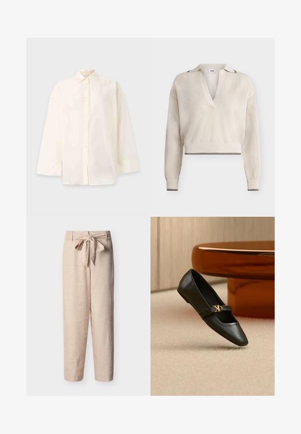 Pull en maille crème à manches longues, profond col en V, col chemise, poignets et ourlet côtelés, avec des détails subtils de liseré marron.; Chemise blanche à manches longues avec boutons, col classique et poignets, présentée sur un fond clair uni.; Pantalon en lin beige clair avec une ceinture nouée, coupe droite et texture lisse. Caractérisé par des jambes larges et sans poches apparentes.; Chaussure plate en cuir noir avec bout pointu et logo CK doré sur la bride, posée sur un tapis beige près d'une table ronde couleur ambre brun.