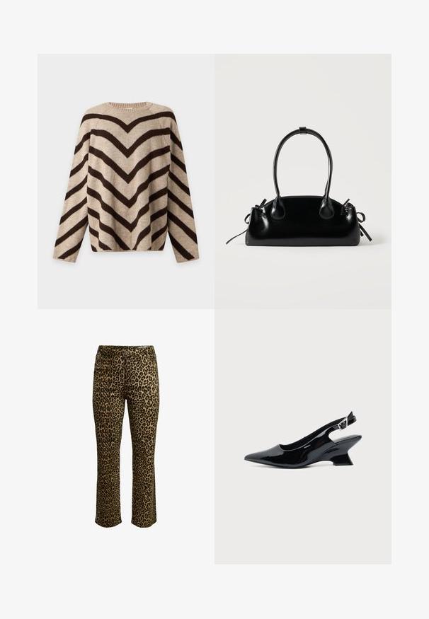 Pull beige à manches longues avec col rond et larges rayures chevrons marron foncé formant un motif en V sur le devant et les manches.; Pantalons imprimé léopard avec une coupe slim, fermeture à bouton et taille cousue avec un léger stretch pour le confort.; Chaussure slingback en cuir verni noir avec bout pointu et petit talon bloc incliné sur fond clair uni.; Petit sac à main noir brillant avec deux longues anses et des détails à cordon sur les côtés sur un fond clair uni.