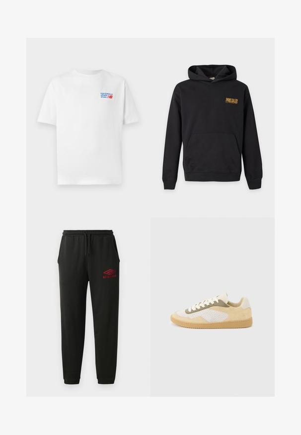 Schwarzer Kapuzenpullover mit Fronttasche und kleinem gelbem "Paris Gallery" Logo auf der linken Brust.; Weißes Baumwoll-T-Shirt mit kurzen Ärmeln, ausgestattet mit einem blauen und roten Logo auf der linken Brustseite. Klassischer Rundhalsausschnitt, lockere Passform, glatte Textur.; Schwarze Jogginghose mit elastischem Bund und Bündchen, Seitentaschen und rotem Umbro-Logo am linken Oberschenkel.; Niedrig geschnittener Sneaker aus beigem Wildleder, weißen Mesh-Einsätzen, olivfarbenen Akzenten, weißen Schnürsenkeln und Gummisohle auf hellgrauem Hintergrund.