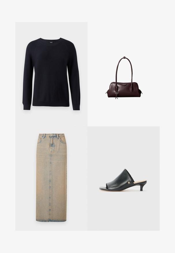 Pull en tricot marine avec un col rond, des manches longues et des poignets et un ourlet côtelés. Motif texturé sur l'ensemble du tissu.; Une longue jupe en denim bleu clair avec une coupe droite. Comprend cinq poches, des passants de ceinture et un multiplicateur de boutons à l'avant. Texture décolorée sur toute la surface.; Mules ouverts en cuir noir avec un talon bas. Présentent une surface lisse et un accent logo doré sur le côté.; Sac à main en cuir brun foncé Calvin Klein avec de longues poignées doubles et un petit porte-clé logo suspendu à une poignée.