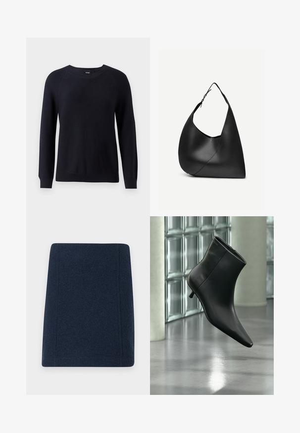 Suéter de punto azul marino con cuello redondo, mangas largas y puños y dobladillo acanalados. Patrón texturizado en toda la tela.; Minifalda de lana en navy con forma recta, costuras planas y una textura suave. Sin patrones ni adornos visibles.; Botín negro de cuero con punta puntiaguda y tacón bajo estilo kitten, mostrado en ángulo sobre un suelo pulido y con una pared de bloques de vidrio de fondo.; Bolso de hombro de cuero negro con forma triangular curva, una única correa ajustable y una costura diagonal visible en el frente.