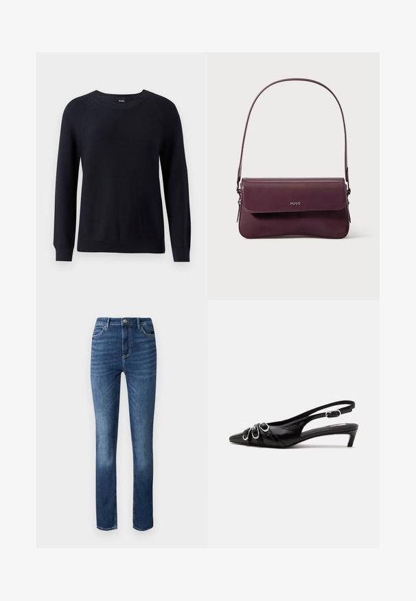 Pull en tricot marine avec un col rond, des manches longues et des poignets et un ourlet côtelés. Motif texturé sur l'ensemble du tissu.; Jeans en denim bleu foncé avec une coupe droite, style cinq poches et un léger délavage à l'avant pour plus de texture.; Chaussure slingback en cuir noir avec bout pointu, trois boucles argentées à l'avant et petit talon kitten sur fond blanc.; Sac à main en cuir bordeaux au design structuré, avec une fermeture à rabat et une bandoulière ajustable. Détail du logo embossé sur le devant.