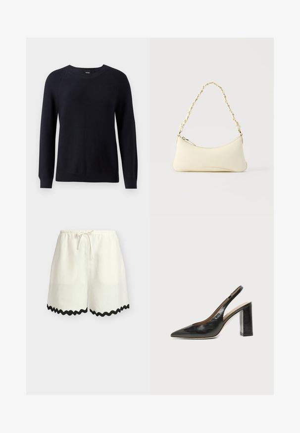 Pull en tricot marine avec un col rond, des manches longues et des poignets et un ourlet côtelés. Motif texturé sur l'ensemble du tissu.; Short blanc ample avec taille élastique et cordon, orné d'un bord festonné noir le long de l'ourlet.; BOSS MIAH - Escarpins - black; Petit sac à main couleur crème avec une forme incurvée et une poignée en chaîne torsadée ton or, fermeture éclair sur le dessus