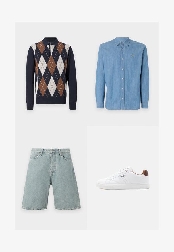 Strikket polo sweater med navy farve, dekoreret med et argyle mønster i brun, hvid og creme; krave med tre knapper og ribstrikkede manchetter.; Lys blå denimskjorte med knap-krave, lange ærmer og et lille broderet logo på venstre bryst. Har knaplukning foran.; Lysblå denim shorts med en afslappet pasform, fem lommer og knaplukning. Slidt udseende med synlige sømdetaljer.; Hvid lavtop-sneaker med hvide snørebånd, perforerede detaljer, "Wrangler"-logo på siden og brun hælaccents på ensfarvet baggrund.