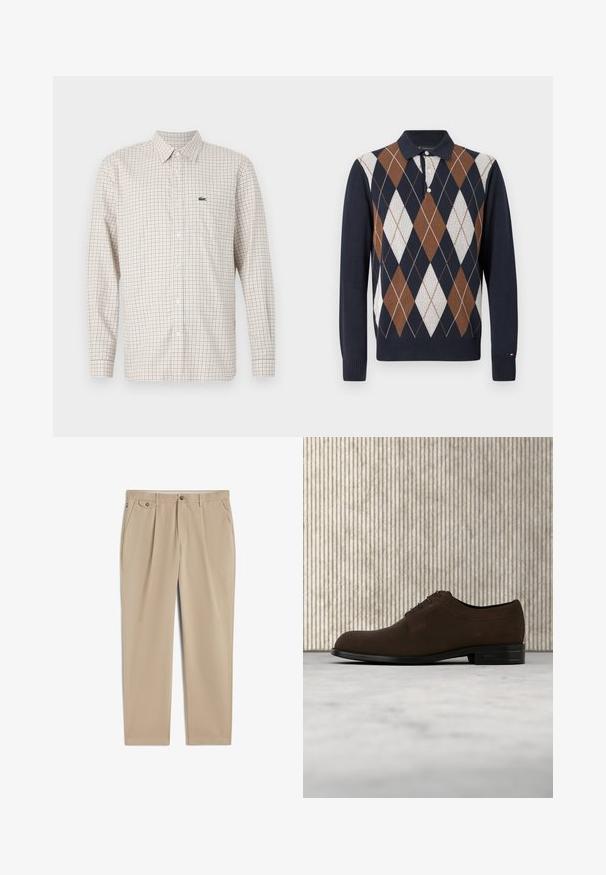 Strikket polo sweater med navy farve, dekoreret med et argyle mønster i brun, hvid og creme; krave med tre knapper og ribstrikkede manchetter.; Langærmet beige skjorte med rødt og blåt ternet mønster, knappet foran, krave og grøn krokodillelogo på venstre bryst.; Beige bukser med lige ben, bæltestropper, knaplukning og lynlås foran, sidelommer og plisseret detalje nær taljen.; Mørkebrune lærresko med snørebånd, der svæver over et lys beige tæppe med et blankt, ravfarvet bord i baggrunden.