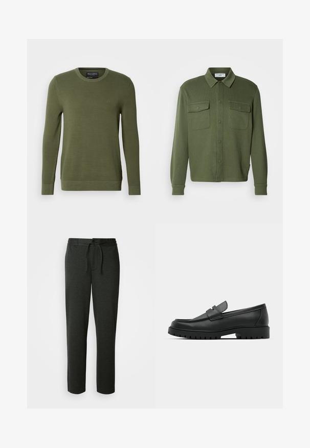 Olivengrøn strikket sweater med rund hals, lange ærmer og ribbede manchetter. Diskret logodetalje på brystet. Strukturmønster over det hele.; Olivengrøn skjorte med knapper fremme, lavet af tekstureret stof, med to brystlommer og en krave med knaplukning.; Mørkegrå sweatpants lavet af en blød bomuldsblanding. Har elastisk talje med snor og sidelommer. Lige ben-design.; Sorte læder loafers med rund tå, der har et syet design, lav platformssål og en struktureret, skridsikker gummisål.