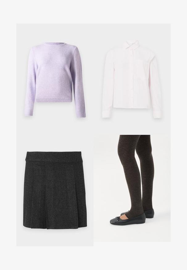 Heled lilla svetter, ümar neckline, pikad varrukad, soonikkoes ääres ja all, pehme tekstuur, keha lähedane disain, ilma mustrite või kaunistusteta.; Hele roosa pikakäisekandega särg, millel on krae ja üks rinna tasku, esitatud valge tausta peal.; Must nähtud, pleated seelik, mis on valmistatud tekstuurilisest kangast. Keskmise kõrgusega vöökoht, puhtad jooned. Klassikaline lõige sobib erinevatele juhtumitele.; Jalad seljas tumedad soonelises soonelises kombines mustade baleriinadega, millel on väikesed paelade detailid valgel taustal.