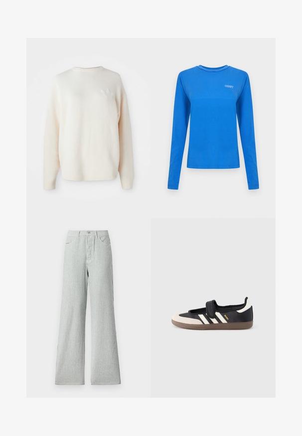 Hvid, oversized fleece sweater med ribvinklede manchetter og kant. Har et lille, tonalt logo på venstre bryst. Blød tekstur og afslappet pasform.; Langærmet blå bomulds-T-shirt med rund hals og lille hvid "OBEY"-logo på brystet. Glat tekstur, afslappet pasform.; Stribede bukser med vidde lavet af letvægtsstof, prydet med lodrette blå og hvide striber, højt liv og frontlommer.; Sort og beige sko med velcrolukning, tre hvide striber på siden og en tekstureret brun gummisål. Mærkelogo er synligt.
