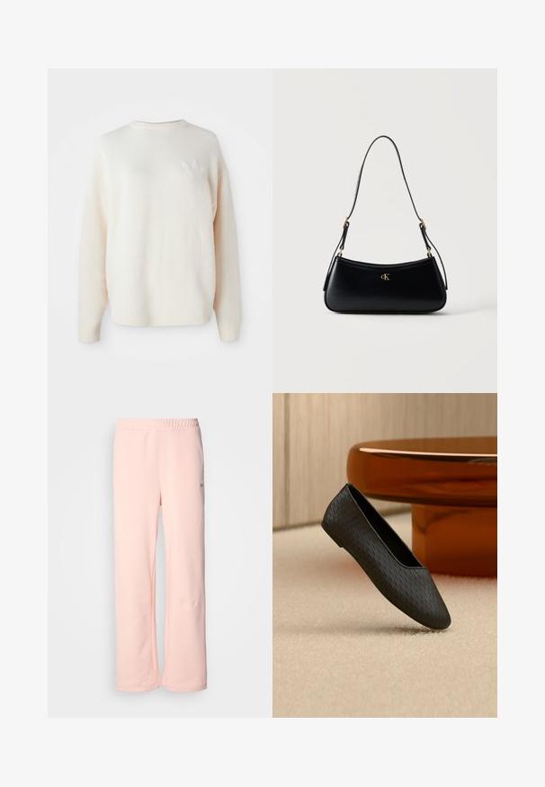 Weißer, übergroßer Fleece-Pullover mit gerippten Bündchen und Saum. Verfügt über ein kleines, tonal gehaltenes Logo auf der linken Brust. Weicher Stoff und lockere Passform.; Rosa Baumwoll-Sweatpants mit weitem Beinsaum, elastischem Bund und minimalen Nahtdetails. Verfügt über ein kleines Logo-Tag an der Seite.; Schwarzer, strukturierter Slip-on Ballerina, schwebend über beigem Teppich nahe einem runden Tischfuß in bernsteinfarbener Optik.; Schwarze Leder-Schultertasche mit geschwungener Form, verstellbarem Riemen und goldenem "cK"-Logo vorne in der Mitte.
