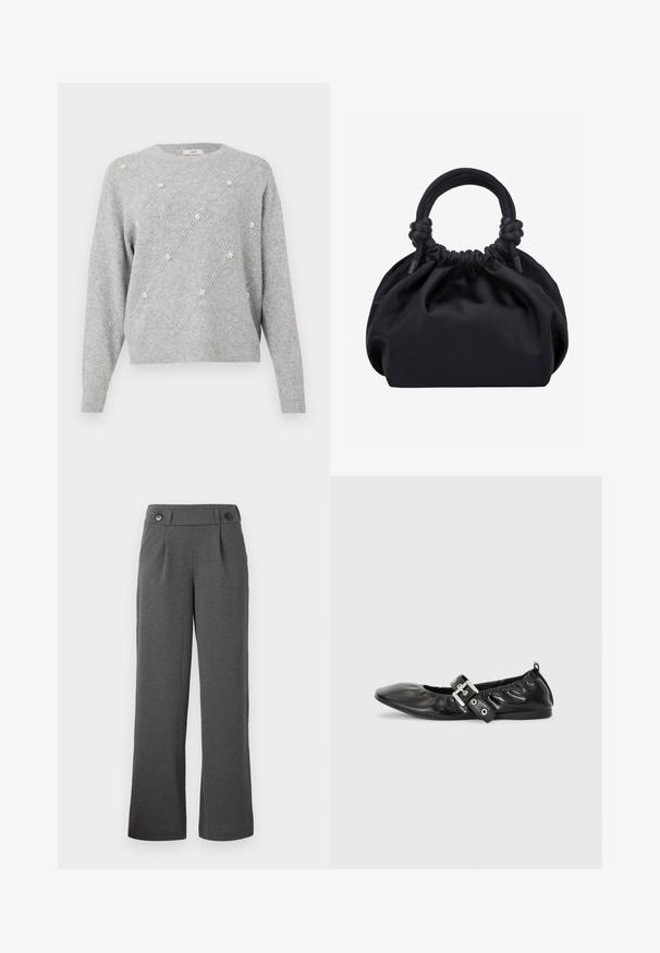 Pull en tricot gris clair avec un motif en losanges et de petites fleurs en perles blanches sur le devant et les manches, manches longues, col rond.; Pantalons large gris en tissu texturé, avec une taille haute, des plis à l'avant et deux boutons à la taille.; Chaussure plate en cuir noir avec un nez pointu, des détails froncés autour de l'ouverture et un accent en boucle argentée sur la bride ajustable.; Sac à main en tissu noir doux avec haut froncé et poignées circulaires rembourrées nouées de chaque côté.