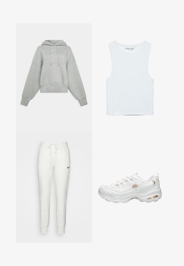 Grijze cropped hoodie van zacht materiaal. Heeft een verstelbare trekkoordcapuchon, brede mouwen en een klein logo op de voorkant.; Witte mouwloze crop top met ronde hals, gemaakt van gladde stof, met Pull&Bear-label, geschikt voor casual wear.; Witte katoenen sweatpants met een elastische tailleband, een trekkoord en een zwart Nike-logo aan de linkerkant. Strakke boorden bij de enkels.; Witte sportschoen gemaakt van glad synthetisch materiaal. Bevat getextureerde accenten, metallic gouden details, vetersluiting en een gevoerde zool.