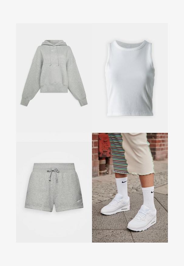 Grå cropped hoodie lavet af blødt materiale. Har en justerbar hætte med snoretræk, brede ærmer og et lille logo på forsiden.; Hvid ribbet tanktop med rund halsudskæring og ærmeløs design, med en lige kant og en glat, strækbar tekstur.; Grå atletiske shorts lavet af blødt stof, med en elastisk talje med snor, og et lille Nike-logo på den nederste venstre side.; Hvide Nike Air Max 90 sneakers med mesh og læderoverdel, der har en synlig luftenhed, parret med hvide ribbede sokker med sort logo.
