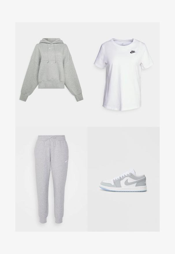 Grijze cropped hoodie van zacht materiaal. Heeft een verstelbare trekkoordcapuchon, brede mouwen en een klein logo op de voorkant.; Witte katoenen t-shirt met een ronde halslijn en korte mouwen. Bevat een zwart Nike-logo op de bovenlinker borst.; Lichtgrijze sweatpants met een trekkoord bij de taille, taps toelopende benen en een klein wit logo op de linkerdij. Gemaakt van een zachte, gestructureerde stof.; Nike-sneakers met een mix van grijs en wit leer, geperforeerde neus, veters en een lichtblauwe buitenzool met logo-ontwerp.