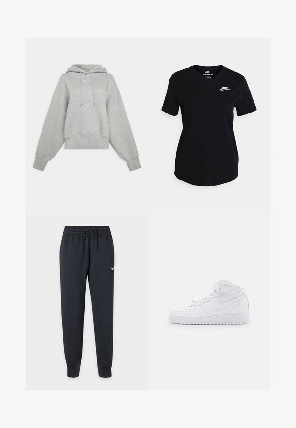 Grijze cropped hoodie van zacht materiaal. Heeft een verstelbare trekkoordcapuchon, brede mouwen en een klein logo op de voorkant.; Zwarte katoenen T-shirt met korte mouwen, voorzien van een wit Nike-logo op de borst, ronde halslijn en een recht afgezette onderkant.; Zwarte Nike sweatpants met elastische tailleband en trekkoord, taps toelopende pijpen, geribbelde enkels en een kleine witte Nike-swoosh op de rechterdij.; Witte hoge sneakers van leer met een gevoerde kraag, geperforeerde neus, veters en een verstelbare enkelband; logo op de zijkant.
