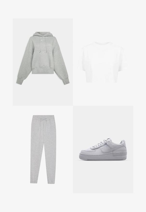 Sudadera recortada gris hecha de tejido suave. Cuenta con una capucha ajustable con cordón, mangas anchas y un pequeño logo en la parte delantera.; Camiseta blanca corta, de mangas cortas, con cuello redondo, hecha de una tela suave, sin patrones visibles ni herrajes distintivos.; Pantalones de chándal grises con una textura suave, cinturilla elástica y detalle de cordón. Diseño de pierna ajustada con un ajuste casual.; Zapatilla Nike Air Force 1 gris con puntera perforada, parte superior de cuero suave, suela gruesa y detalle en relieve 'AIR' en el talón.