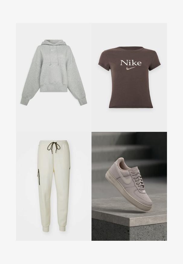 Graue, verkürzte Kapuzenjacke aus weichem Stoff. Sie verfügt über eine verstellbare Kapuze mit Zugband, weite Ärmel und ein kleines Logo auf der Vorderseite.; Brauner kurzärmeliger Cropped-Top mit "Nike"-Schriftzug und einem zentral auf der Brust platzierten Leopardenmuster-Nike-Swoosh-Logo.; Helle Jogginghose in Cremefarbe mit elastischem Bund, verstellbarem Kordelzug, seitlichen Taschen und einer Reißverschlusstasche am linken Oberschenkel.; Hellgrauer Nike-Sneaker mit Schnürsenkeln, perforierter Zehenpartie und Gummisohle, der über einer Betonkante vor einem verschwommenen dunklen Hintergrund schwebt.