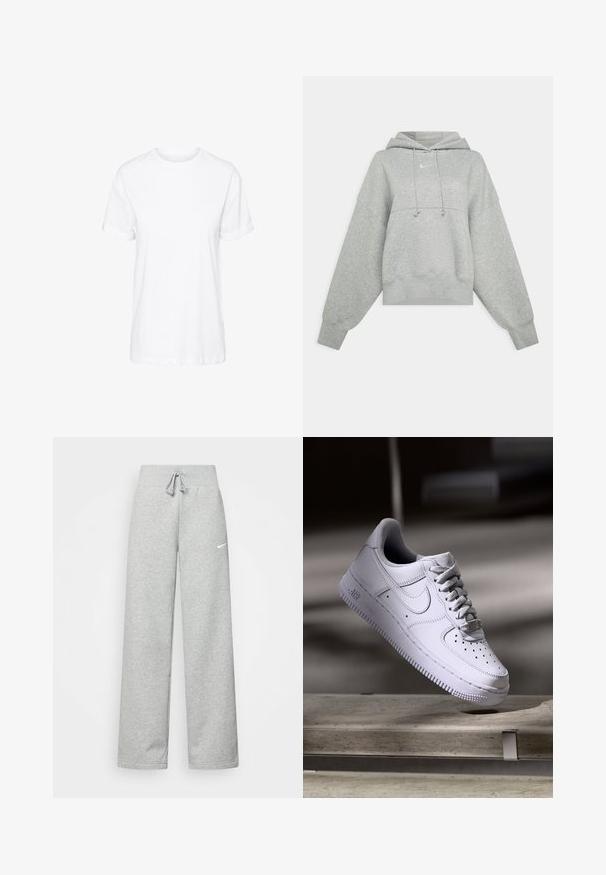 Grå cropped hoodie lavet af blødt materiale. Har en justerbar hætte med snoretræk, brede ærmer og et lille logo på forsiden.; Hvid bomulds t-shirt med korte ærmer, rund hals og en afslappet pasform, med en glat tekstur og uden synlige mønstre.; Grå sweatpants med elastisk talje, snor detaljer og et lille hvidt Nike-logo på venstre lår. Blødt stof, løs pasform.; Hvid Nike Air Force 1 sneaker svævende over en betonoverflade med skygger i et minimalistisk miljø.