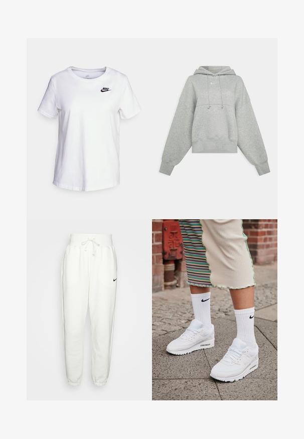 Grijze cropped hoodie van zacht materiaal. Heeft een verstelbare trekkoordcapuchon, brede mouwen en een klein logo op de voorkant.; Witte katoenen t-shirt met een ronde halslijn en korte mouwen. Bevat een zwart Nike-logo op de bovenlinker borst.; Witte sweatsbroek van een zachte stof, met een elastische tailleband met koord, zijzakken en een zwart Nike-logo op het linkerdij.; Witte Nike Air Max 90 sneakers met een bovenwerk van mesh en leer, voorzien van een zichtbare luchtunit, gecombineerd met witte geribbelde sokken met een zwart logo.