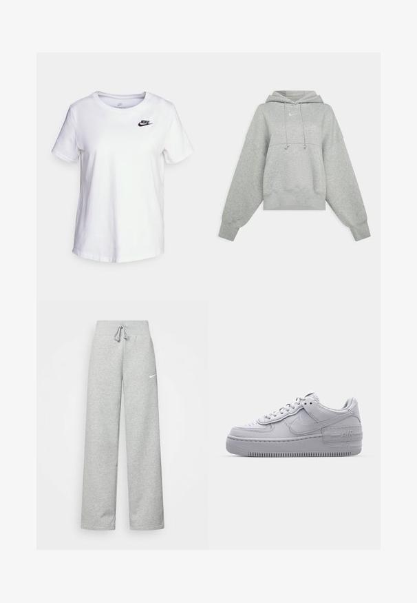 Grå cropped hoodie lavet af blødt materiale. Har en justerbar hætte med snoretræk, brede ærmer og et lille logo på forsiden.; Hvid bomulds t-shirt med rund halsudskæring og korte ærmer. Har et sort Nike-logo i det øverste venstre brystområde.; Grå sweatpants med elastisk talje, snor detaljer og et lille hvidt Nike-logo på venstre lår. Blødt stof, løs pasform.; Grå Nike Air Force 1 sneakers med perforeret tå, glat læderoverdel, tyk sål og præget 'AIR' detalje på hælen.