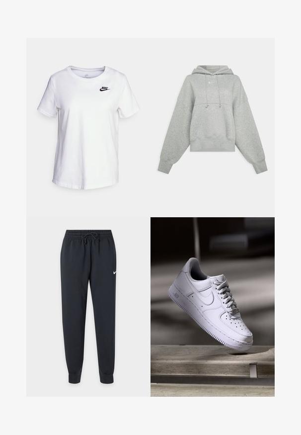 Γκρι κοντό hoodie φτιαγμένο από μαλακό ύφασμα. Διαθέτει ρυθμιζόμενη κουκούλα με κορδόνι, φαρδιές μανίκες και ένα μικρό λογότυπο μπροστά.; Λευκή βαμβακερή μπλούζα με στρογγυλή λαιμόκοψη και κοντά μανίκια. Διαθέτει μαύρο λογότυπο Nike στην επάνω αριστερή πλευρά του στήθους.; Μαύρη φόρμα Nike με ελαστική μέση και κορδόνι, στενά μπατζάκια, μανσέτες στους αστραγάλους και μικρό λευκό λογότυπο Nike στο δεξί μηρό.; Λευκό αθλητικό παπούτσι Nike Air Force 1 να αιωρείται πάνω από μια επιφάνεια από σκυρόδεμα με σκιές σε ένα μινιμαλιστικό περιβάλλον.