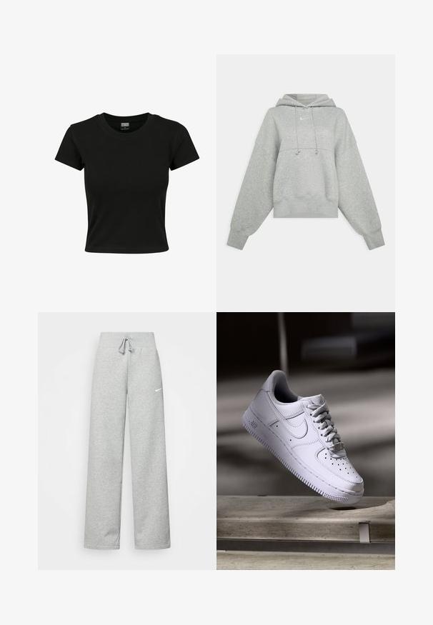 Grijze cropped hoodie van zacht materiaal. Heeft een verstelbare trekkoordcapuchon, brede mouwen en een klein logo op de voorkant.; Zwarte kortekorte mouw t-shirt van gladde katoenen stof, met een ronde halslijn en een getailleerde pasvorm. Geen zichtbare patronen of accenten.; Grijze sweatpants met een elastische tailleband, een trekkoord-detail en een klein wit Nike-logo op de linkerdij. Zachte stof, losvallend.; Witte Nike Air Force 1 sneaker die zweeft boven een betonnen oppervlak met schaduwen in een minimalistische setting.