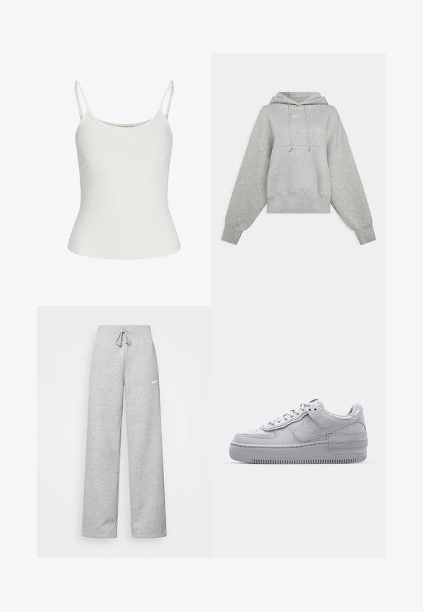 Grå cropped hoodie lavet af blødt materiale. Har en justerbar hætte med snoretræk, brede ærmer og et lille logo på forsiden.; Hvid ærmeløs top med justerbare stropper, tætsiddende design, glat stofstruktur og rund halsudskæring. Ingen mønstre eller hardware detaljer.; Grå sweatpants med elastisk talje, snor detaljer og et lille hvidt Nike-logo på venstre lår. Blødt stof, løs pasform.; Grå Nike Air Force 1 sneakers med perforeret tå, glat læderoverdel, tyk sål og præget 'AIR' detalje på hælen.