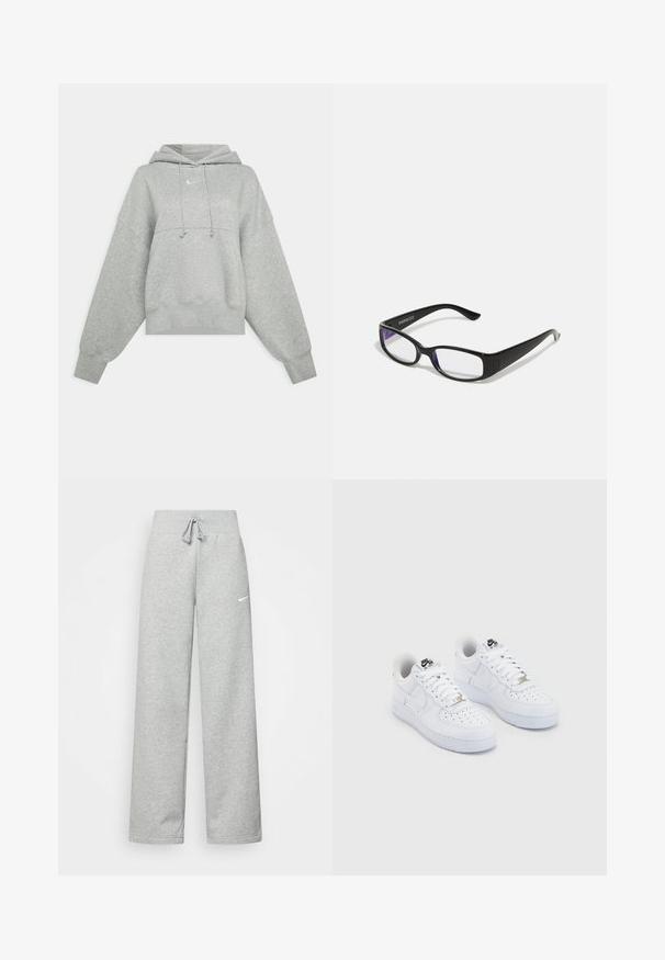 Grijze cropped hoodie van zacht materiaal. Heeft een verstelbare trekkoordcapuchon, brede mouwen en een klein logo op de voorkant.; Grijze sweatpants met een elastische tailleband, een trekkoord-detail en een klein wit Nike-logo op de linkerdij. Zachte stof, losvallend.; Witte Nike Air Force 1 sneakers met een glad leren bovenwerk, geperforeerde teenbox, witte veters en zwarte branding op de tong.; Zwarte rechthoekige bril met heldere glazen. Glanzende afwerking, smalle veren en paarse tint zichtbaar aan de randen van de glazen.