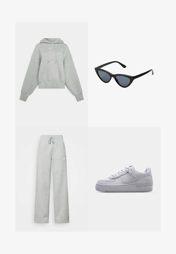 Sweat-shirt court gris en tissu doux. Dispose d'une capuche réglable avec cordon, de manches larges et d'un petit logo à l'avant.; Pantalon de survêtement gris avec une taille élastique, un détail de cordon de serrage et un petit logo Nike blanc sur la cuisse gauche. Tissu doux, coupe ample.; Basket en cuir lisse gris Nike Air Force 1 avec un bout perforé, une semelle épaisse et un détail 'AIR' en relief sur le talon.; Lunettes de soleil noires en forme d'œil de chat avec des verres gris foncé, monture en plastique élégante, coins pointus et branches droites. Pas de métal visible ni d'accents.